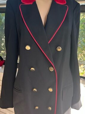Crisca Women's Black Double-Breasted Blazer with Red Piping. Size
38